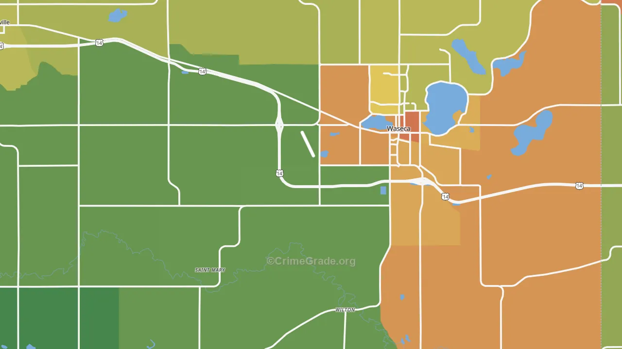 Waseca County, MN Map of Burglary Rates