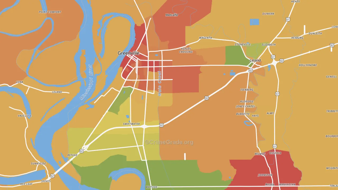 Washington County, MS Map of Burglary Rates