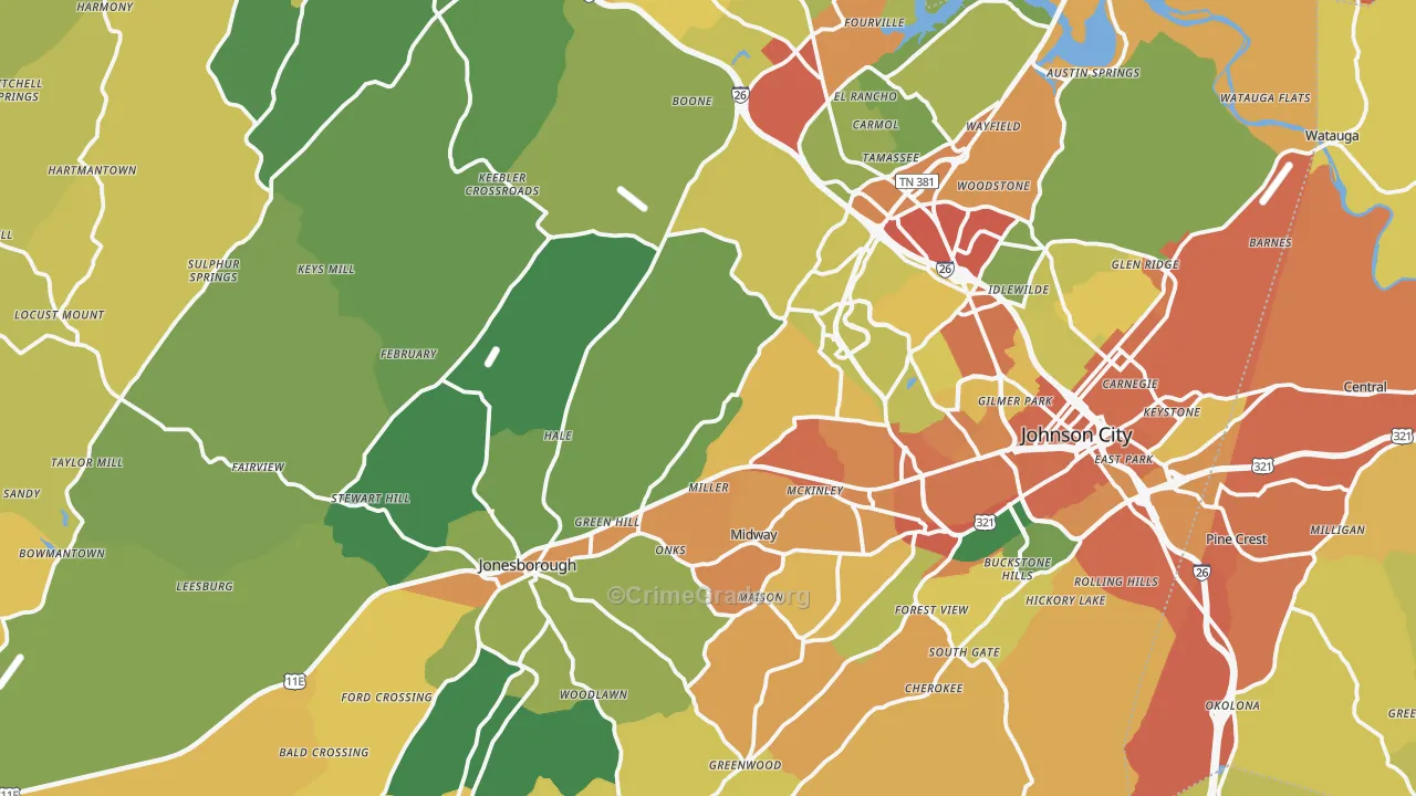 Washington County, TN Map of Burglary Rates