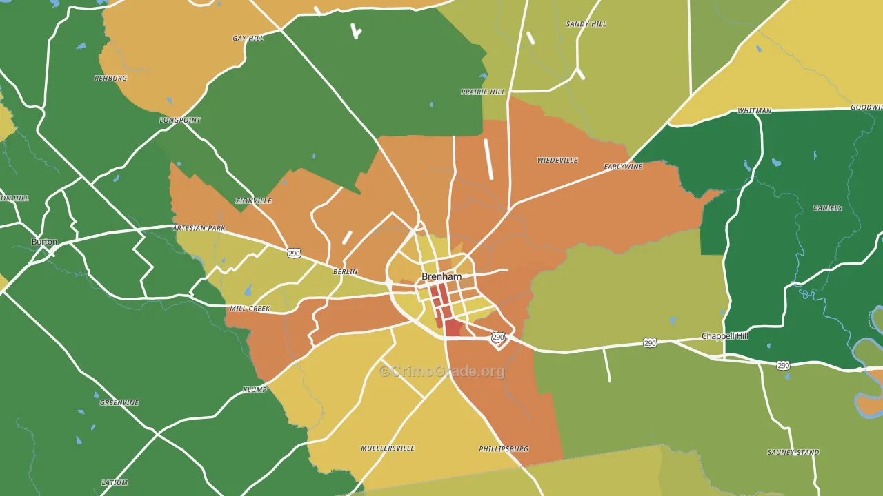 Washington County, TX Map of Burglary Rates