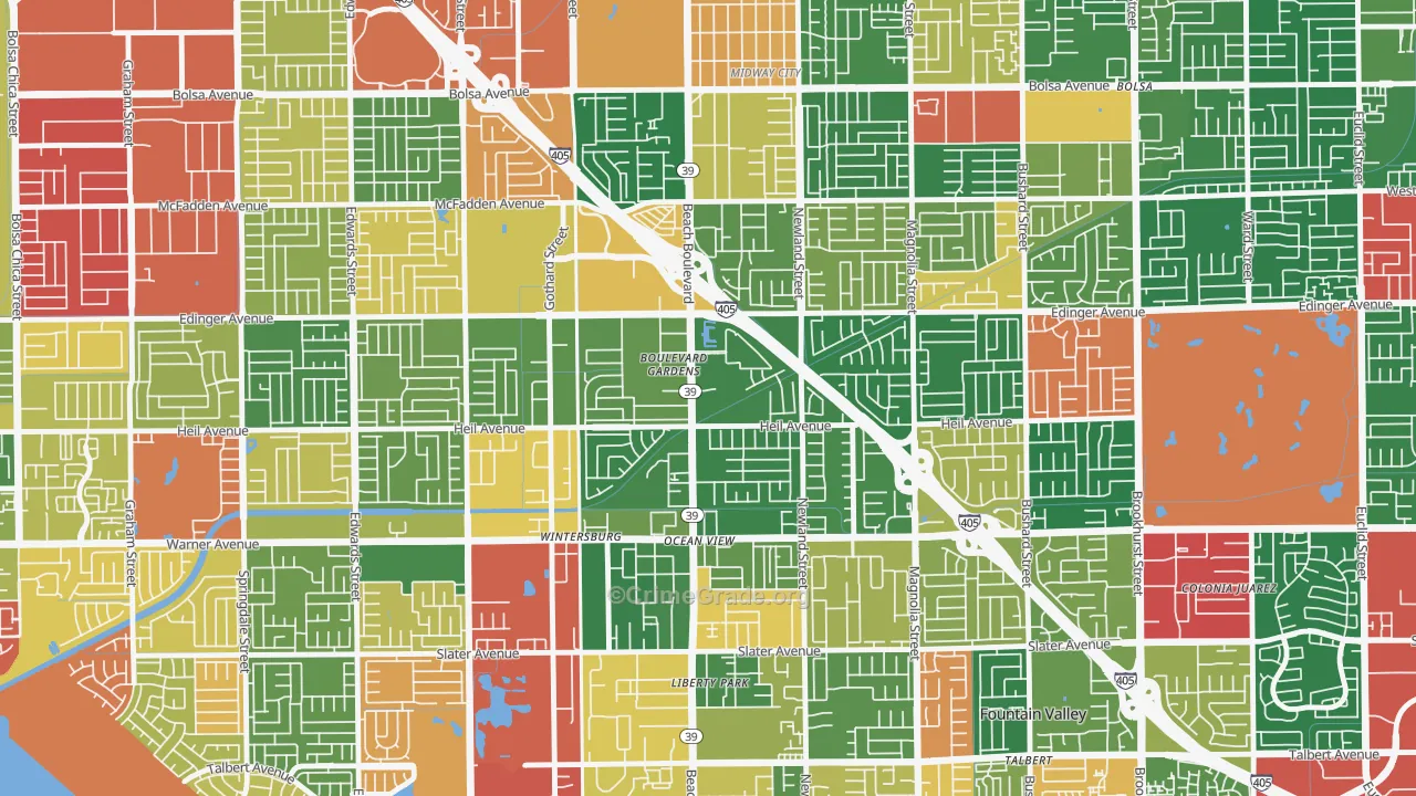 Washington, Huntington Beach, CA Map of Burglary Rates