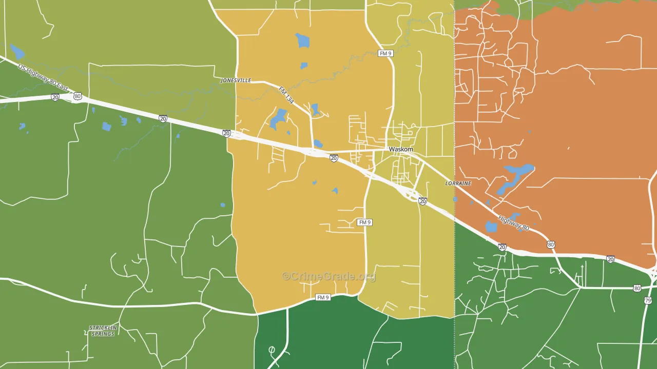 Waskom, TX Map of Burglary Rates