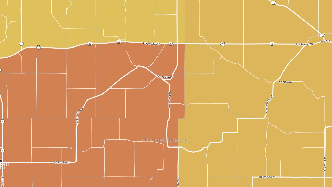 Waterbury, NE Map of Burglary Rates