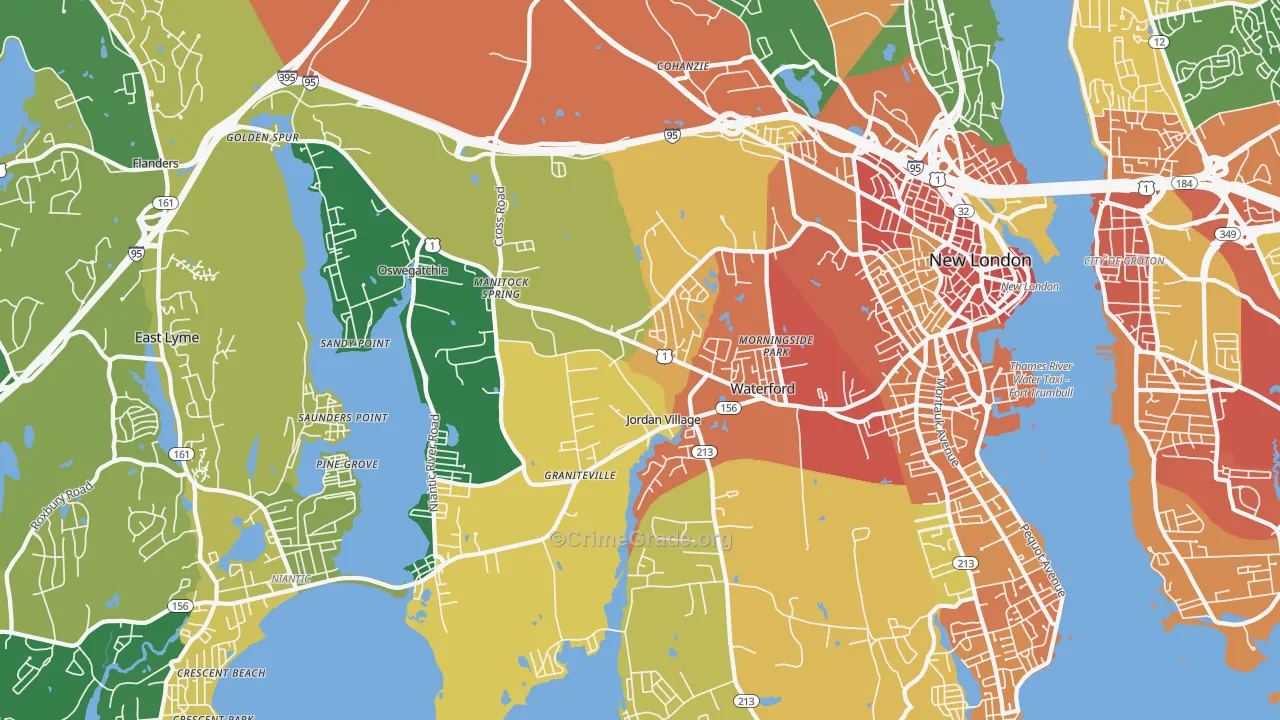 Waterford, CT Map of Burglary Rates