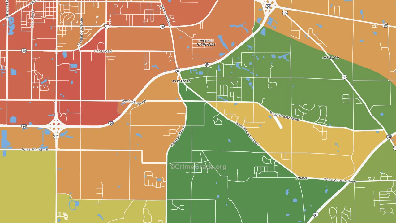 Waterford, IN Map of Burglary Rates