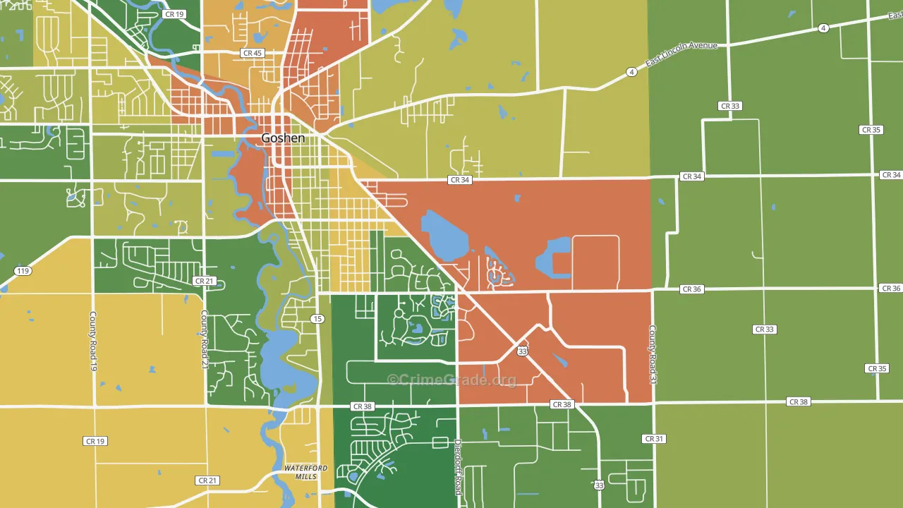 Waterford Mills, IN Map of Burglary Rates