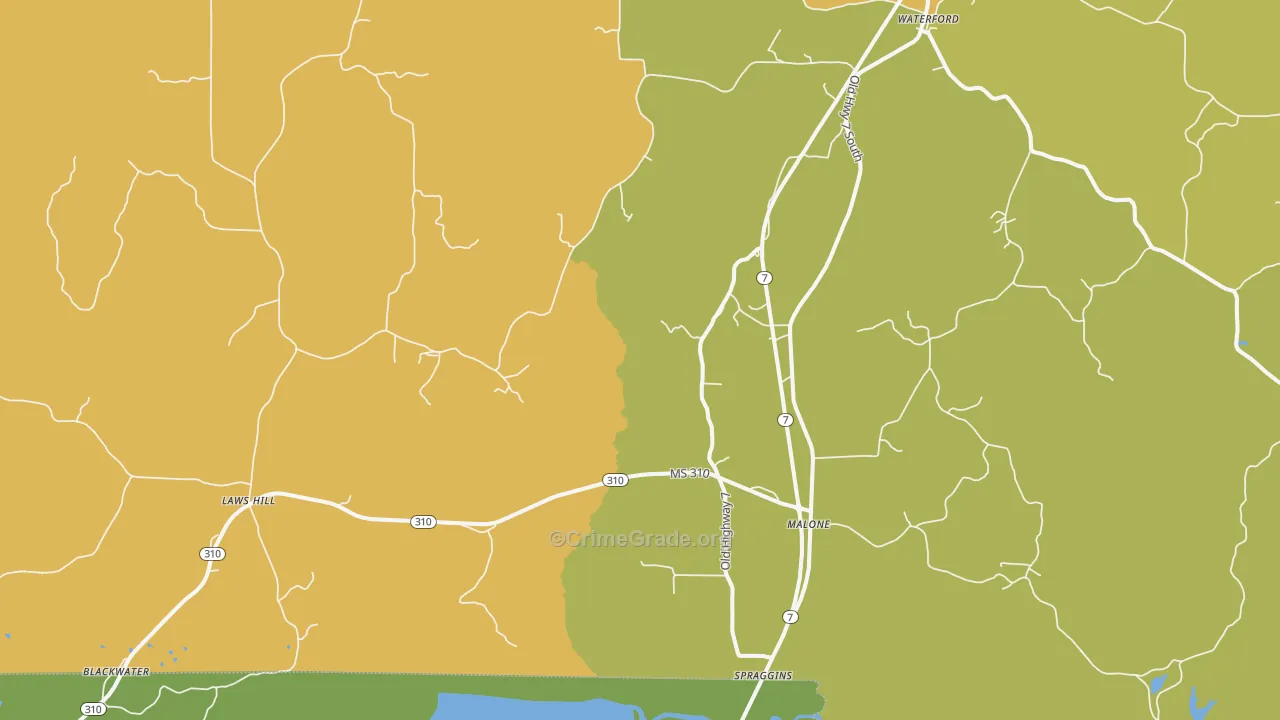 Waterford, MS Map of Burglary Rates