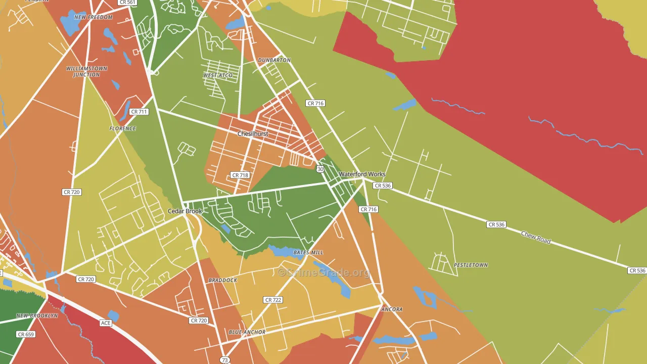 Waterford Works, NJ Map of Burglary Rates