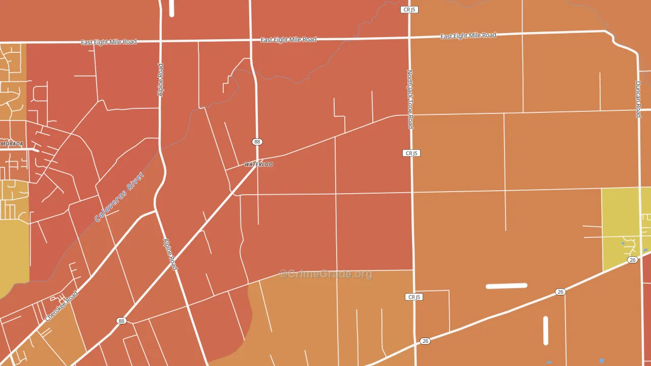 Waterloo, CA Map of Burglary Rates