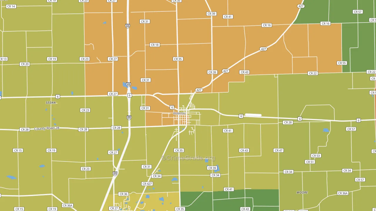 Waterloo, IN Map of Burglary Rates