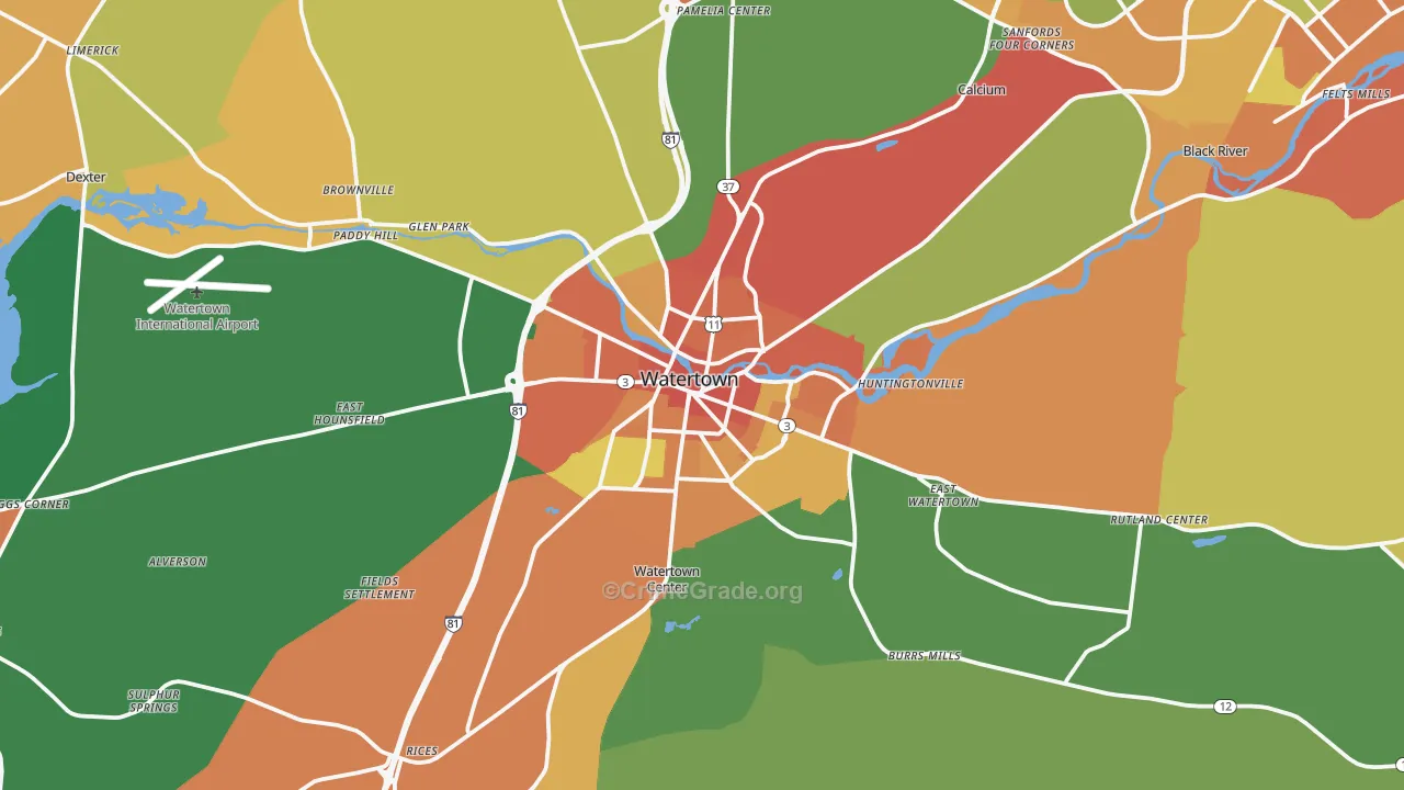 Watertown, NY Map of Burglary Rates