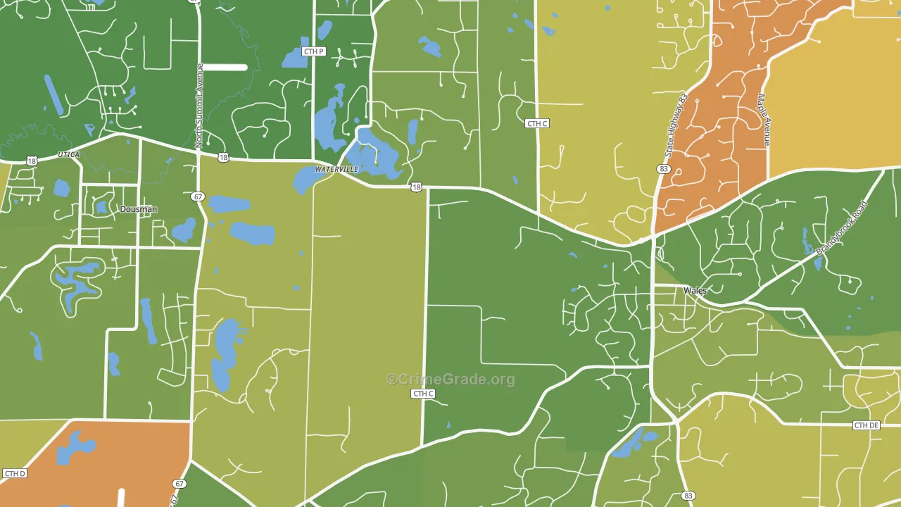 Waterville, WI Map of Burglary Rates