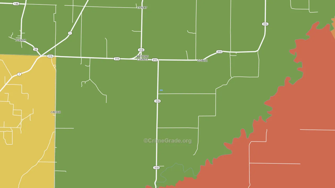 Watkins Corner, AR Map of Burglary Rates