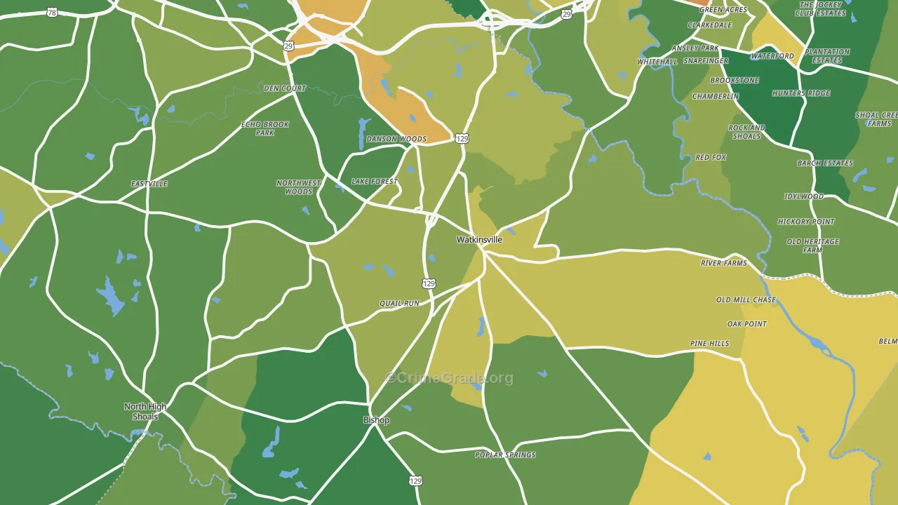Watkinsville, GA Map of Burglary Rates