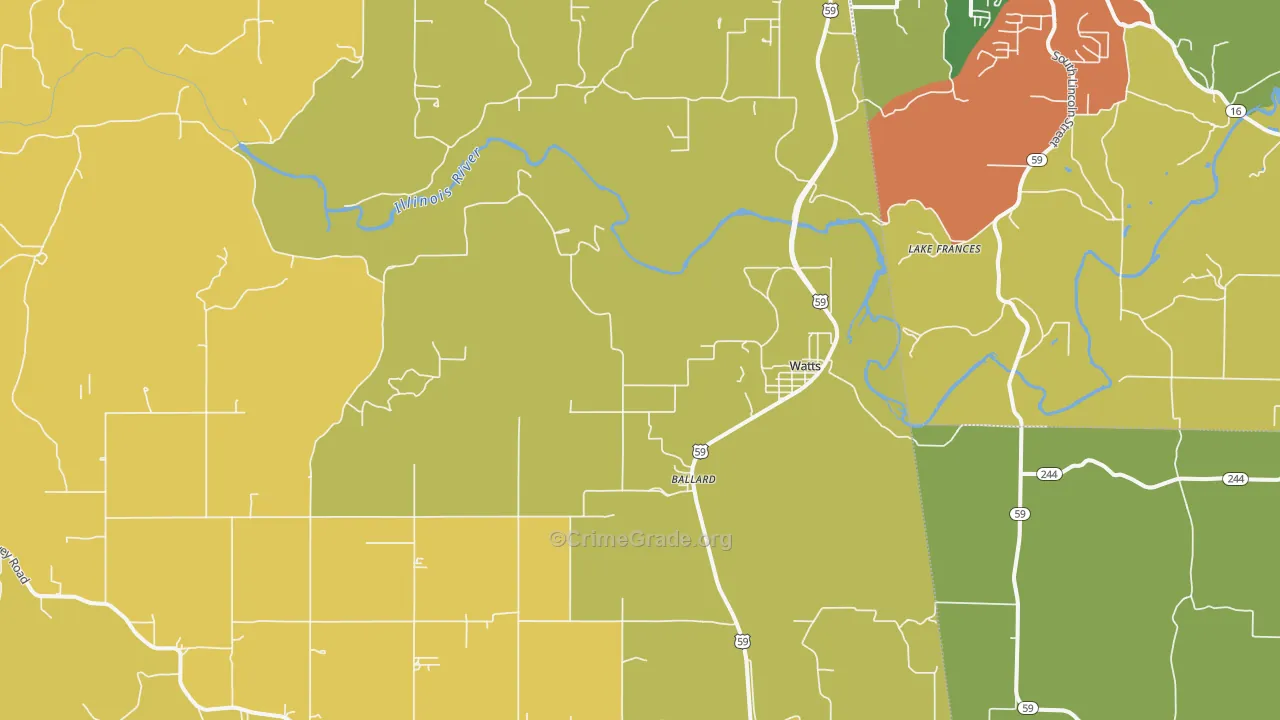 Watts, OK Map of Burglary Rates