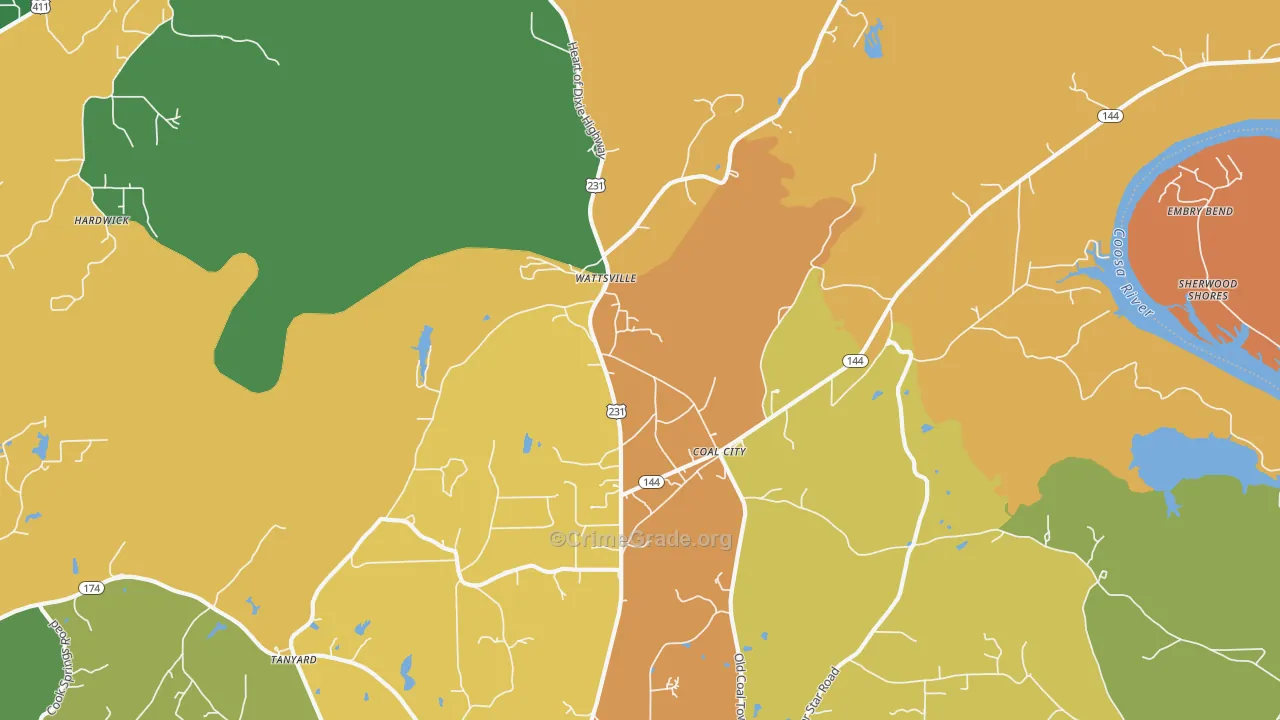 Wattsville, AL Map of Burglary Rates