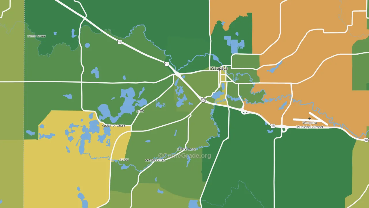 Waupaca, WI Map of Burglary Rates