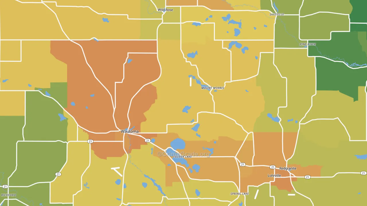 Waushara County, WI Map of Burglary Rates