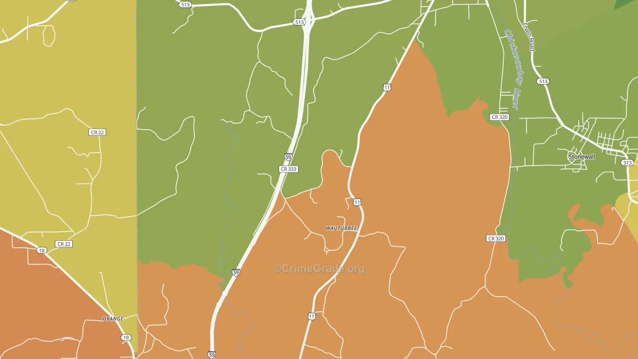 Wautubbee, MS Map of Burglary Rates
