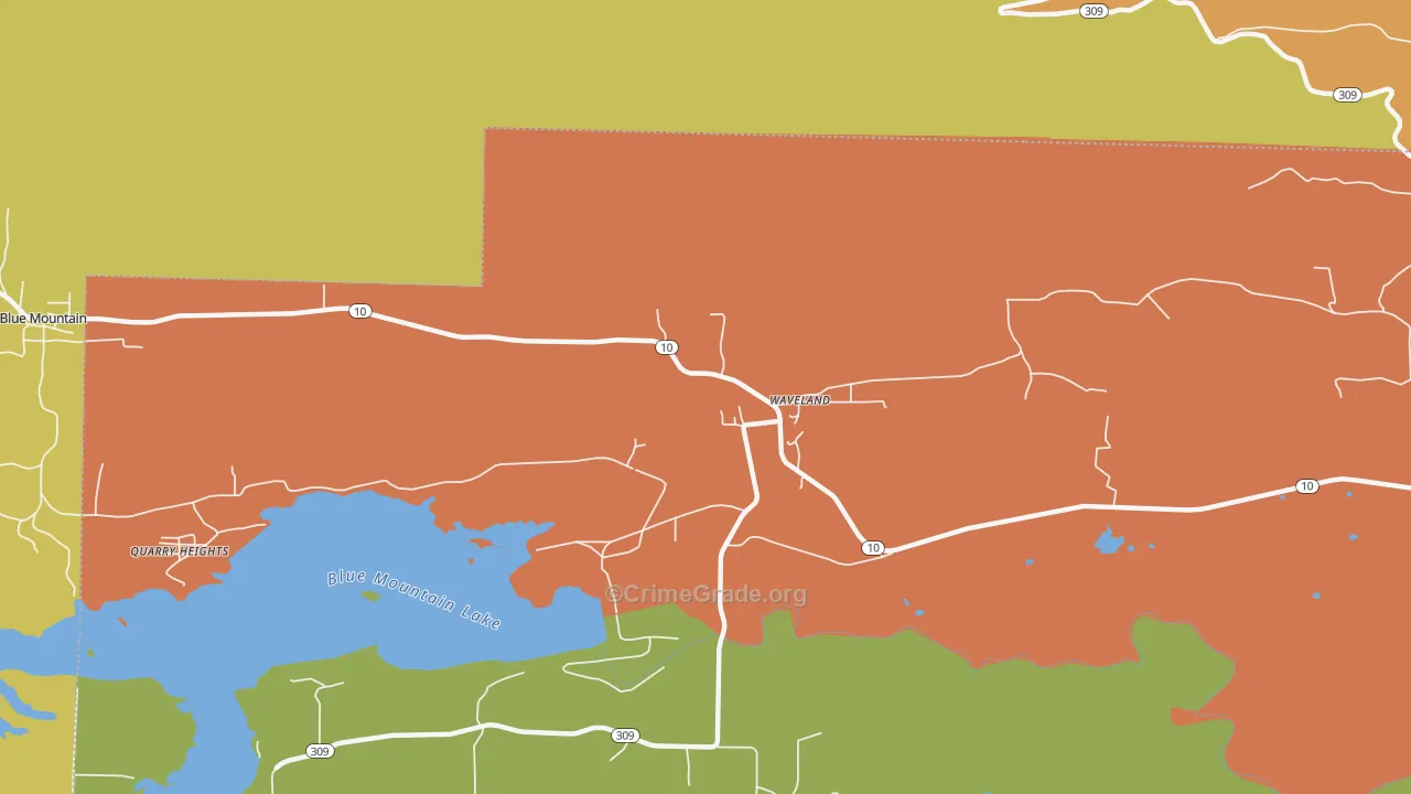 Waveland, AR Map of Burglary Rates