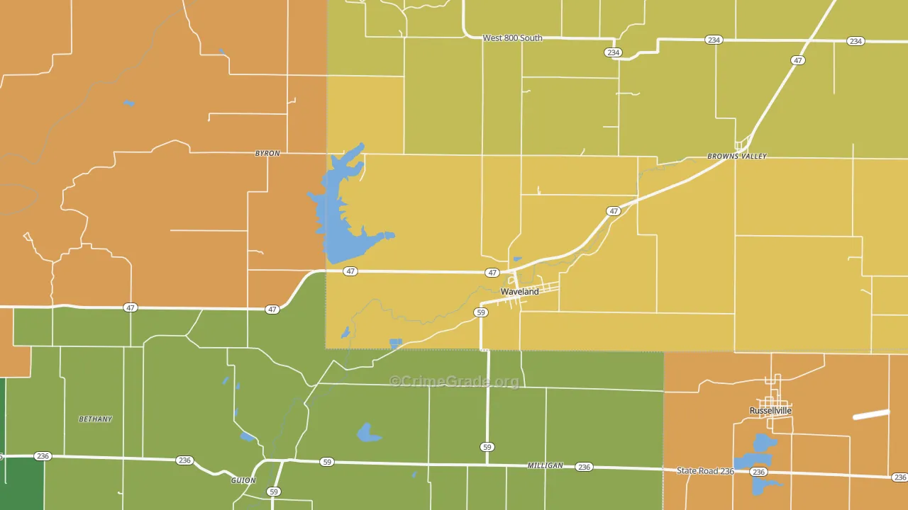 Waveland, IN Map of Burglary Rates