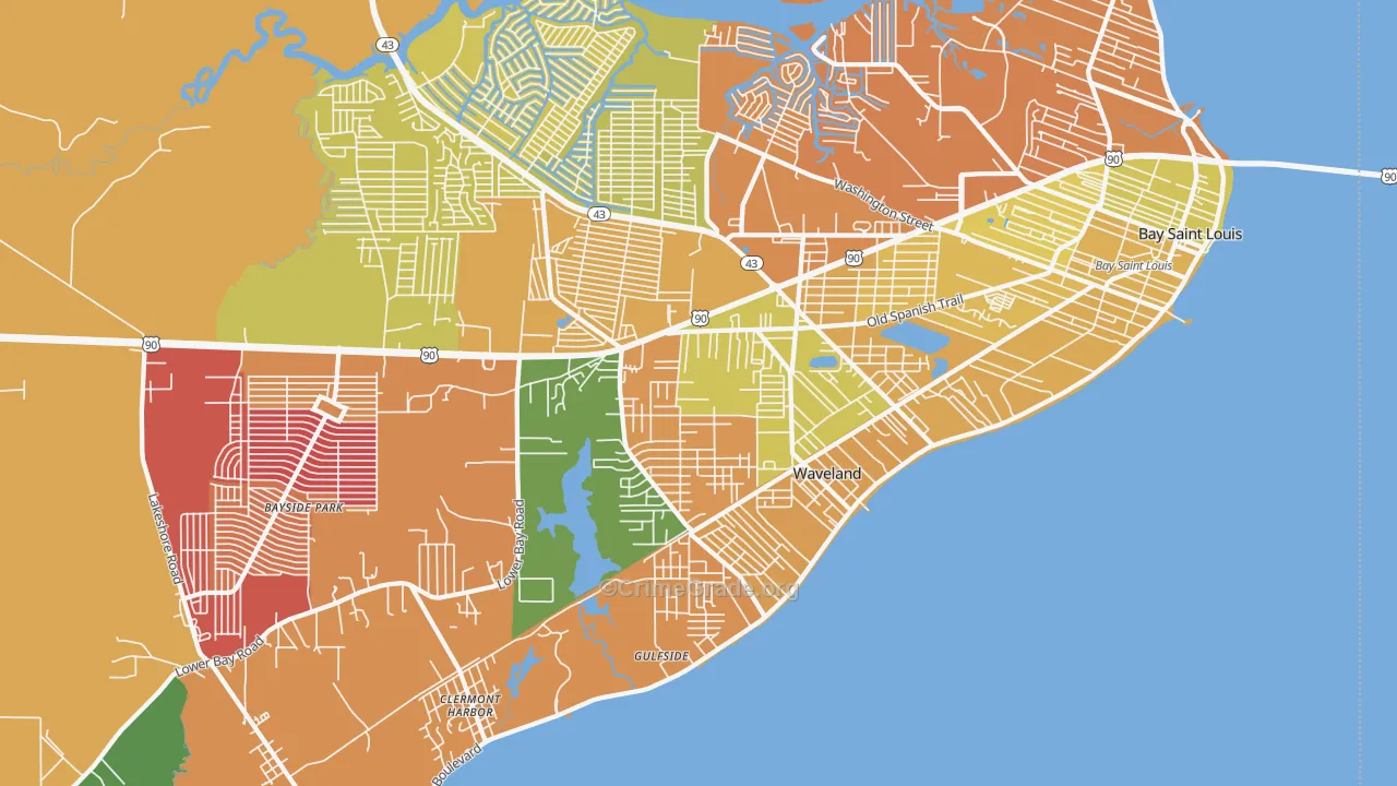 Waveland, MS Map of Burglary Rates