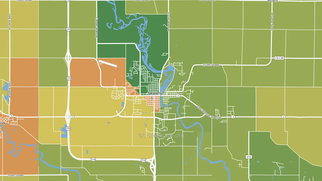Waverly, IA Map of Burglary Rates