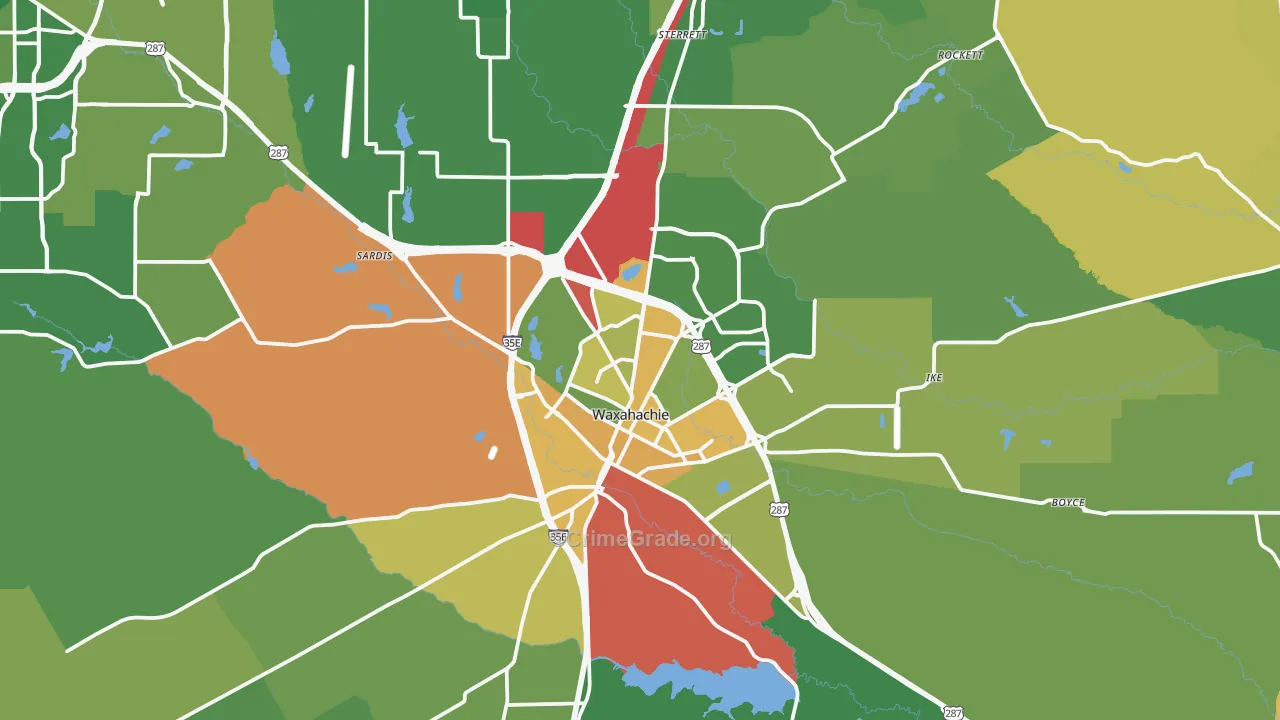 Waxahachie, TX Map of Burglary Rates