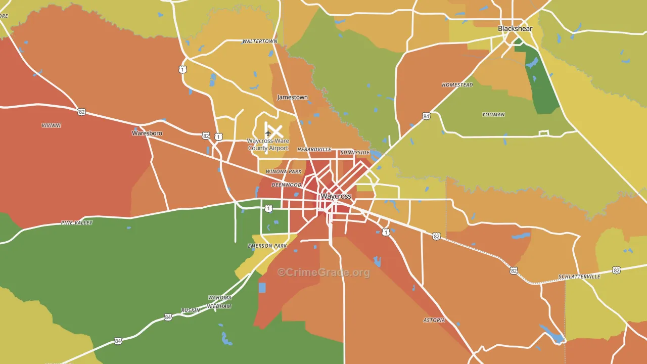 Waycross, GA Map of Burglary Rates
