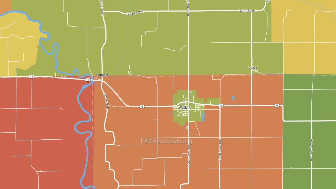 Wayland, IA Map of Burglary Rates