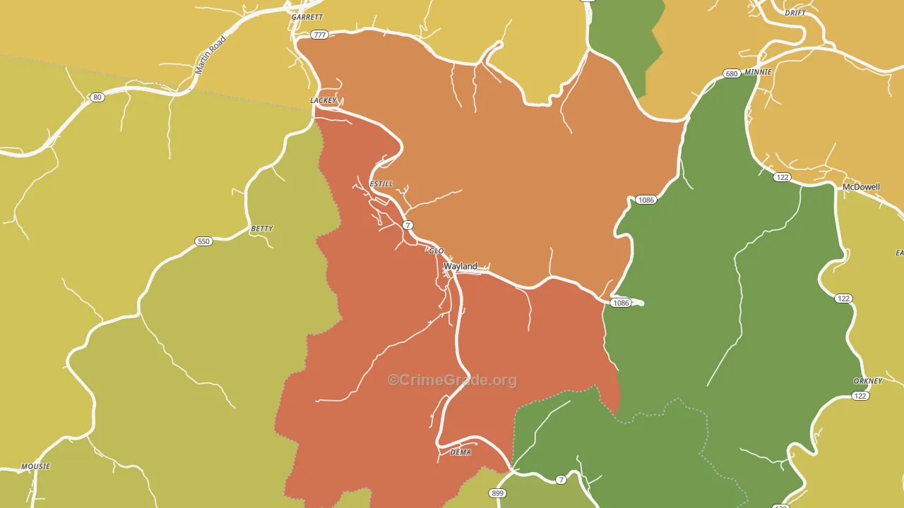 Wayland, KY Map of Burglary Rates