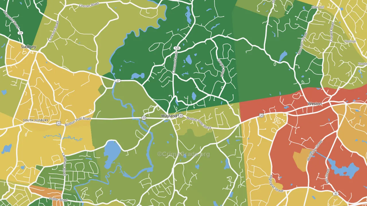 Wayland, MA Map of Burglary Rates