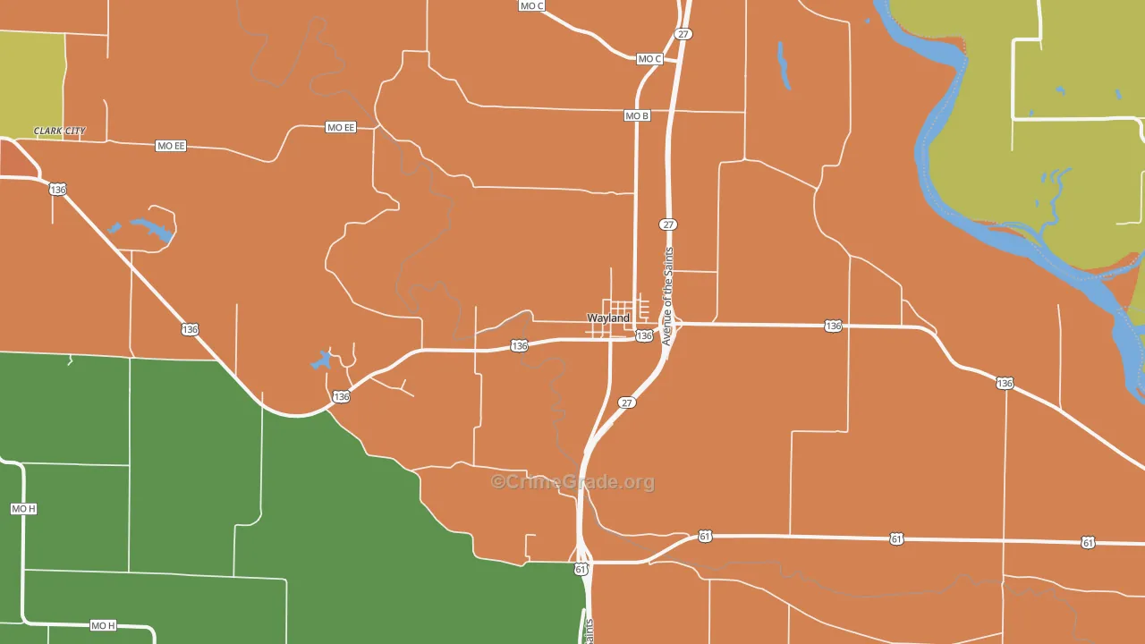 Wayland, MO Map of Burglary Rates