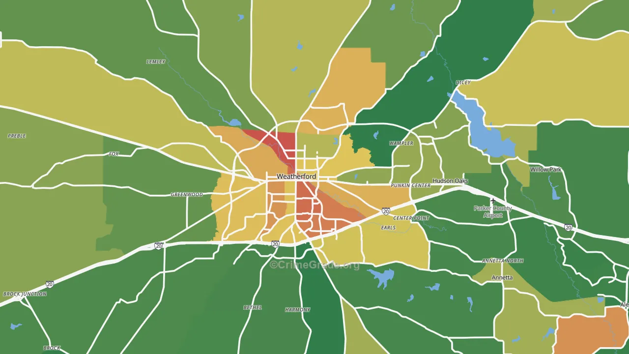 Weatherford, TX Map of Burglary Rates
