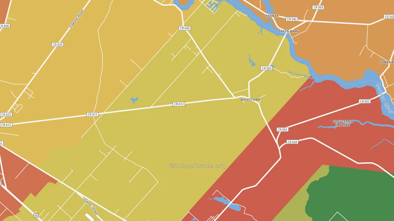 Weekstown, NJ Map of Burglary Rates