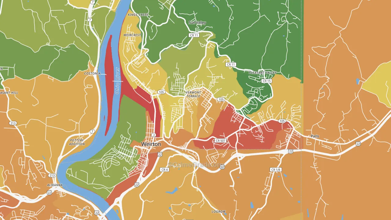Weirton, WV Map of Burglary Rates