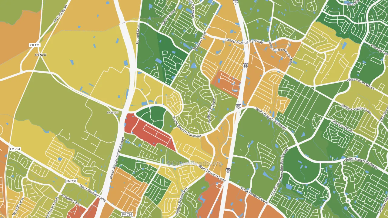 Wells Branch, TX Map of Burglary Rates