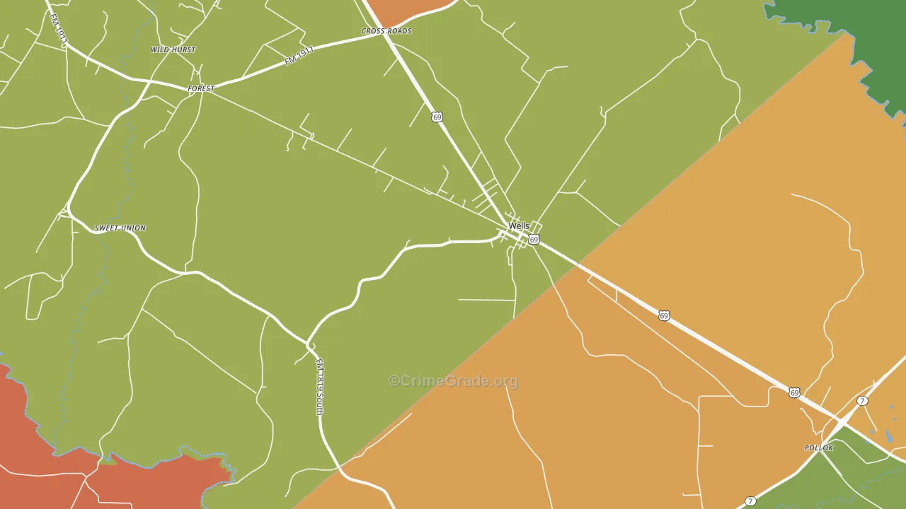 Wells, TX Map of Burglary Rates