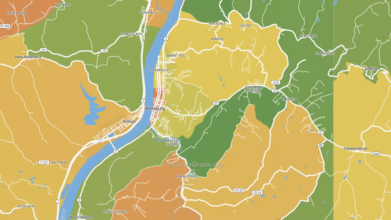 Wellsburg, WV Map of Burglary Rates