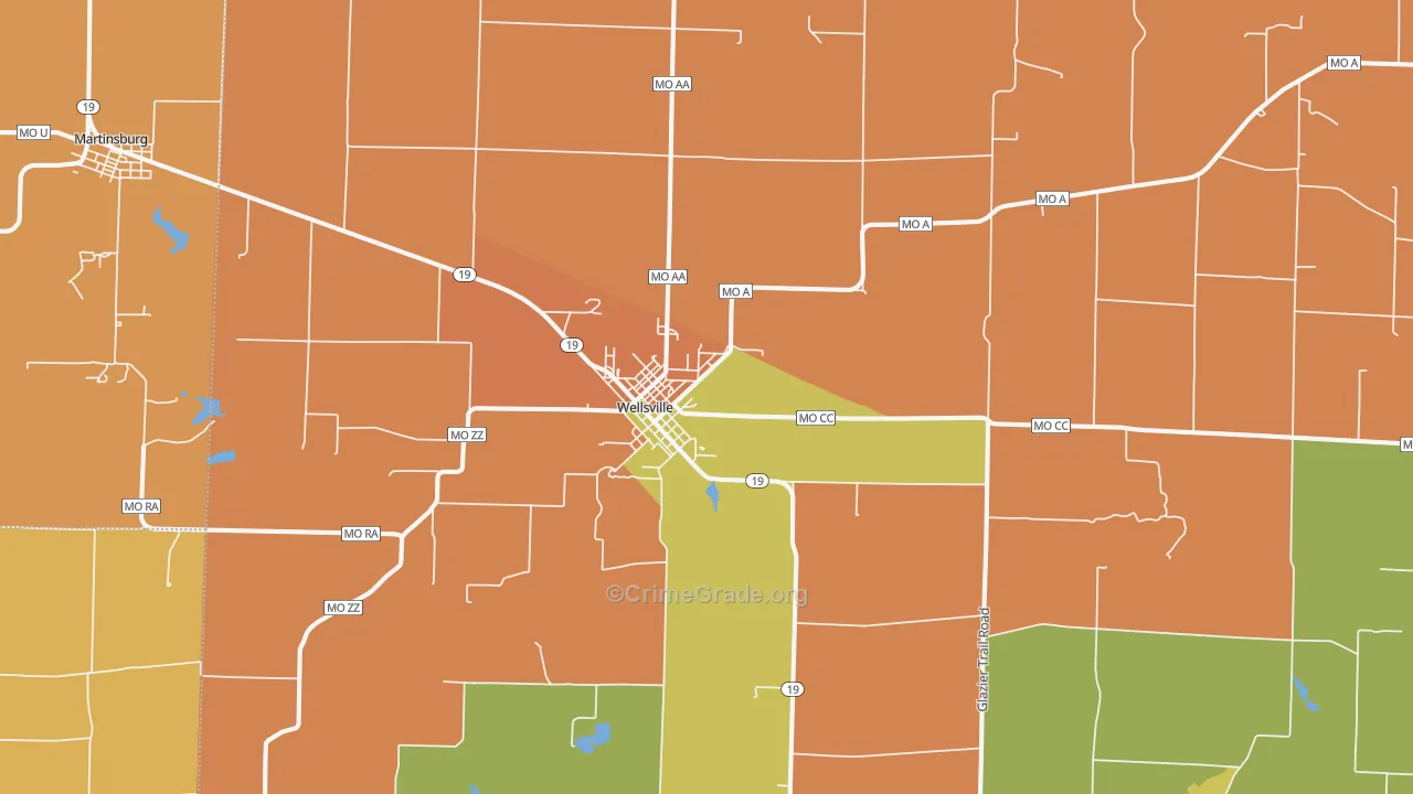 Wellsville, MO Map of Burglary Rates