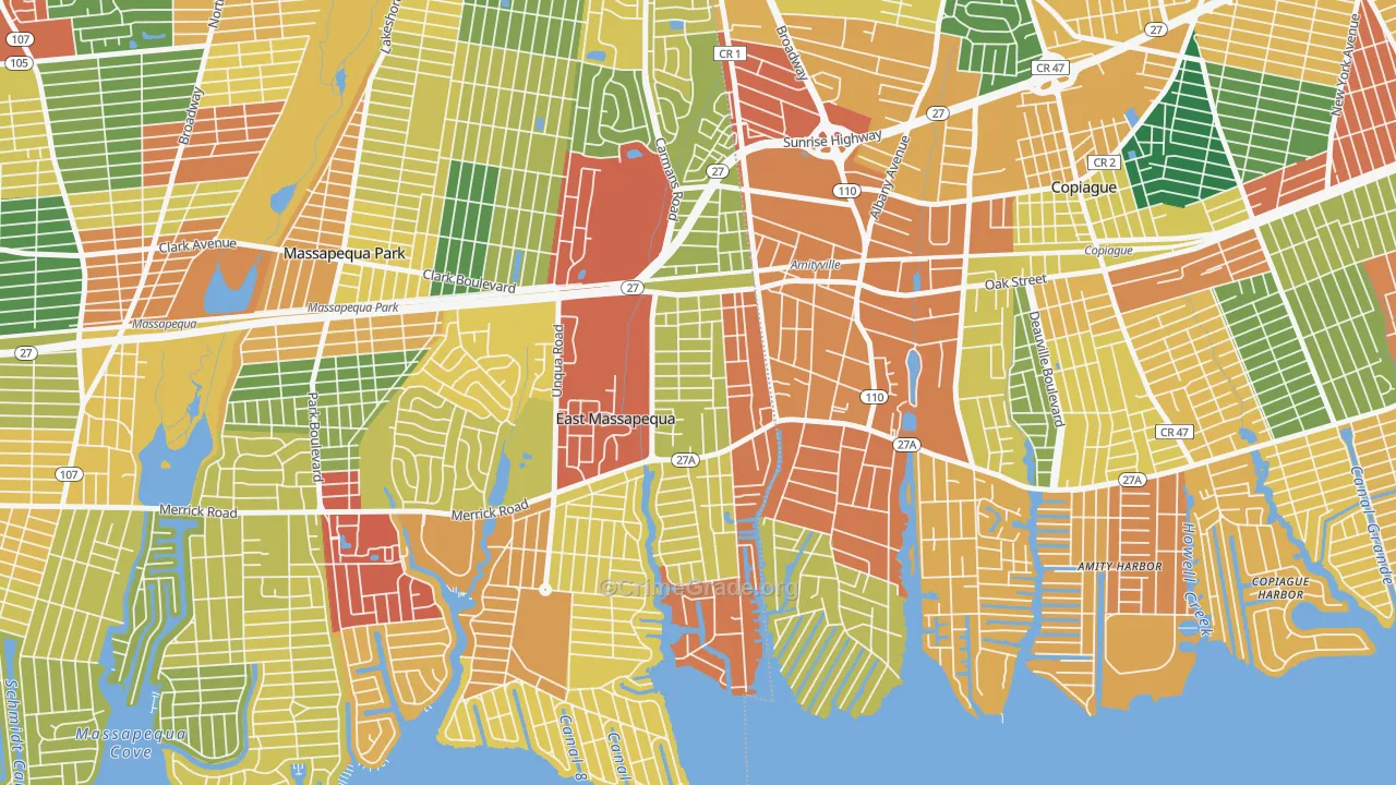 West Amityville, East Massapequa, NY Map of Burglary Rates
