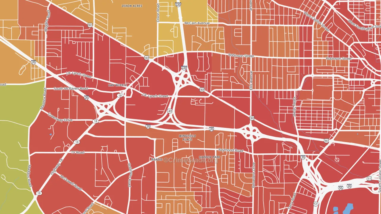 West Central Jackson, Jackson, MS Map of Burglary Rates
