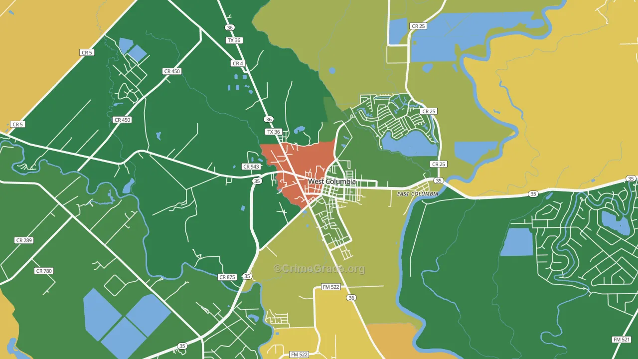 West Columbia, TX Map of Burglary Rates