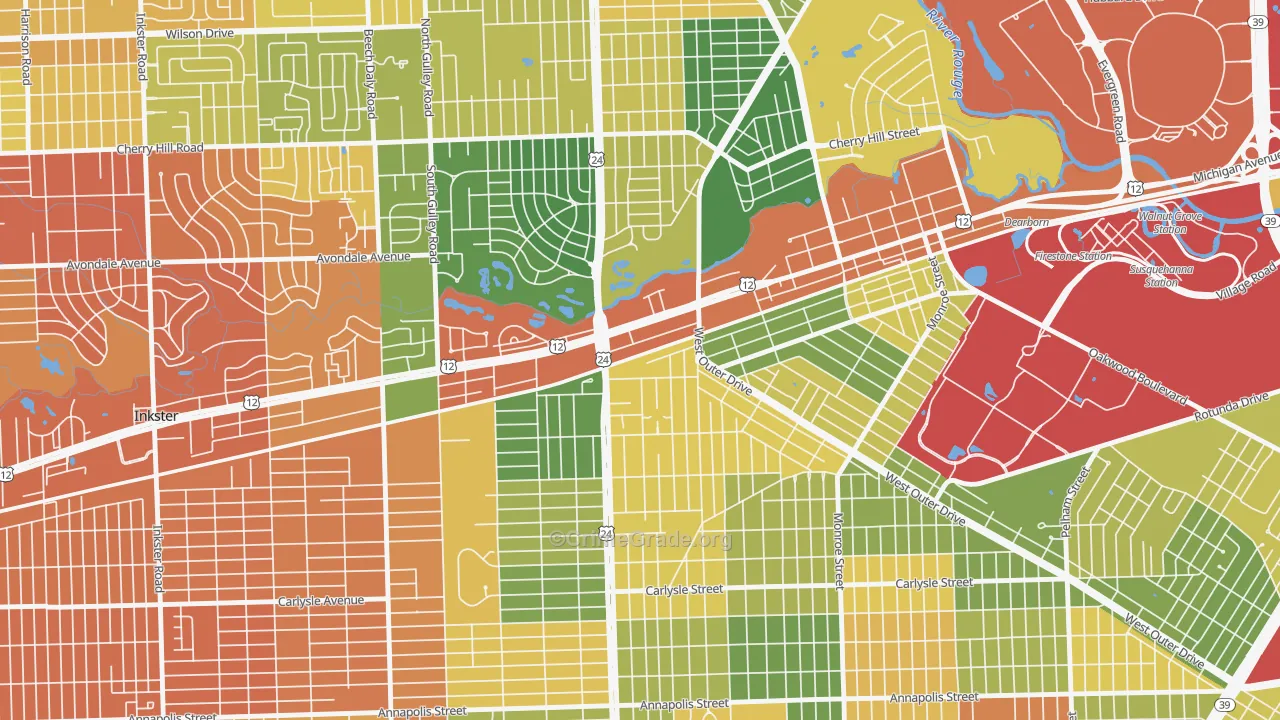 West Downtown Dearborn, Dearborn, MI Map of Burglary Rates