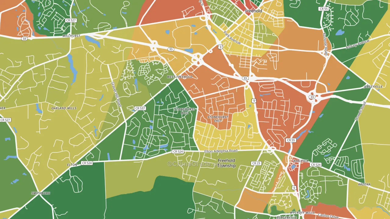 West Freehold, NJ Map of Burglary Rates