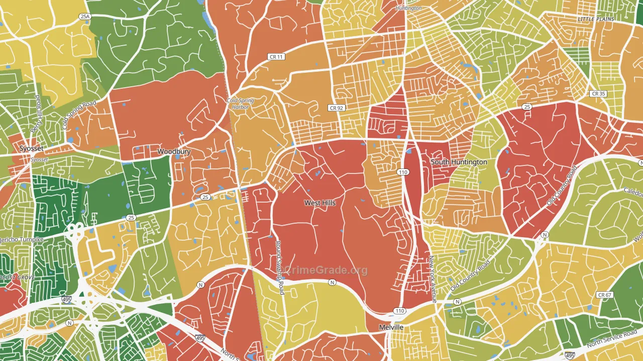 West Hills, Huntington, NY Map of Burglary Rates
