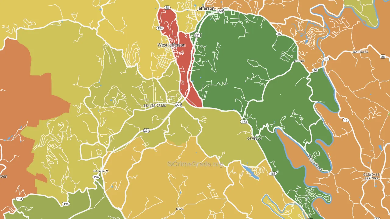 West Jefferson, NC Map of Burglary Rates