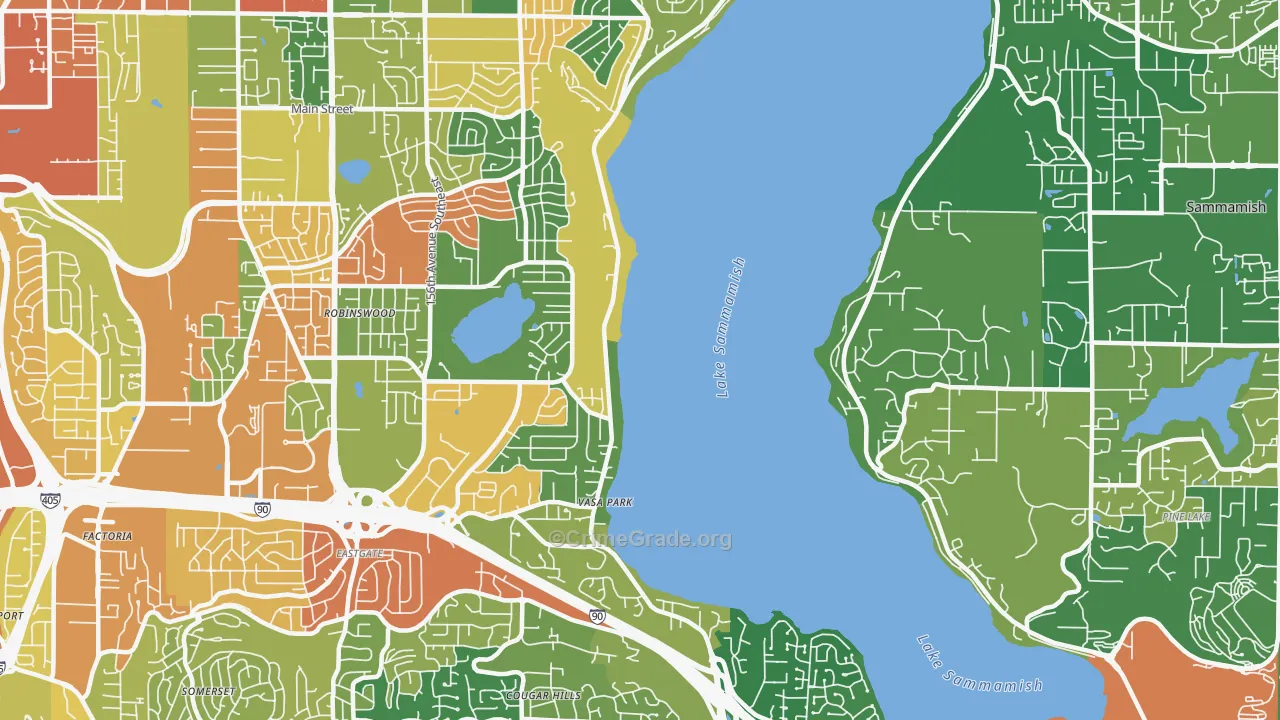 West Lake Sammamish, Bellevue, WA Map of Burglary Rates