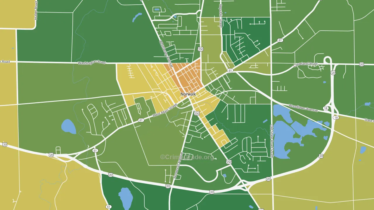 West Main Street Historic District, Norwalk, OH Map of Burglary Rates
