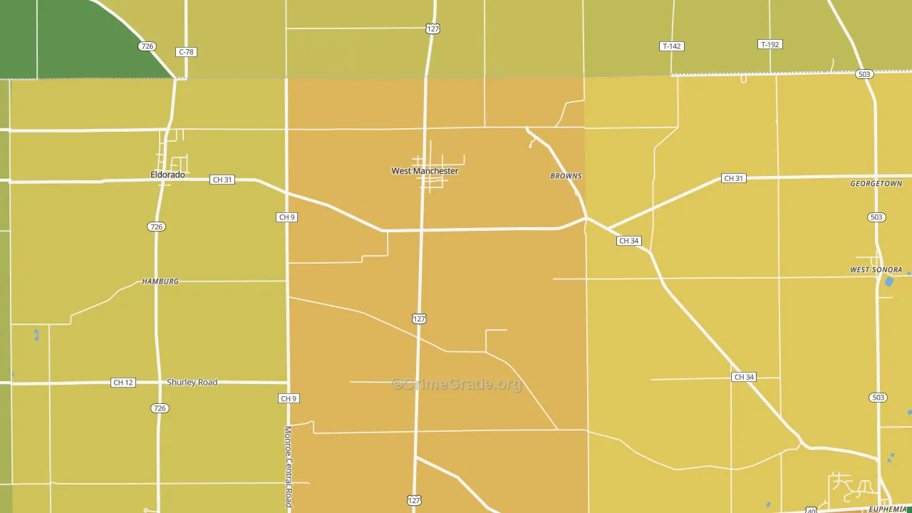 West Manchester, OH Map of Burglary Rates